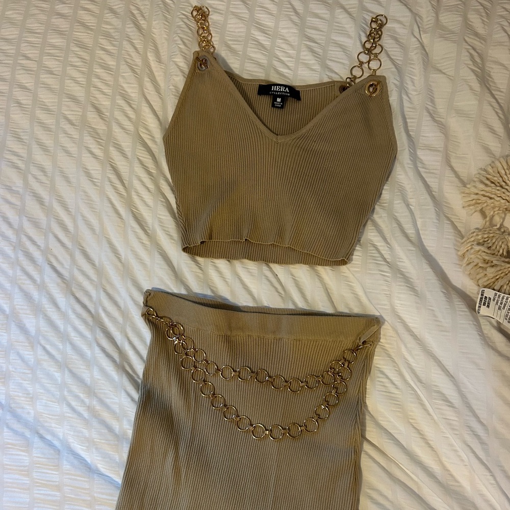 Tan Skirt Set with Chain Detail